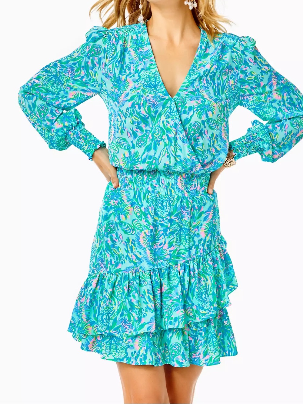 NWT Lilly Pulitzer Cristiana Stretch Dress, Surf Blue Coral of the Story. Sz 12.